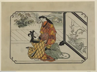 Handkolorierter Ukiyo-e-Druck Zwei Liebende vor einem bemalten Bildschirm